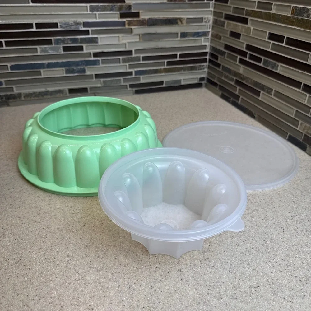 Vintage Tupperware Jel-N-Serve Jello Mold Mint Green Sheer 3pc Set Retro Kitchen